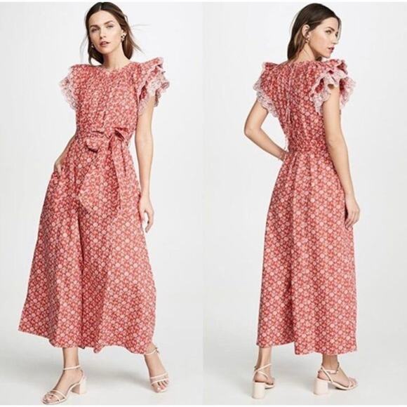 Ulla Johnson Landon Wide Leg Jumpsuit Poppy Floral Red Ruffle Sleeve Size 0 - Picture 1 of 8